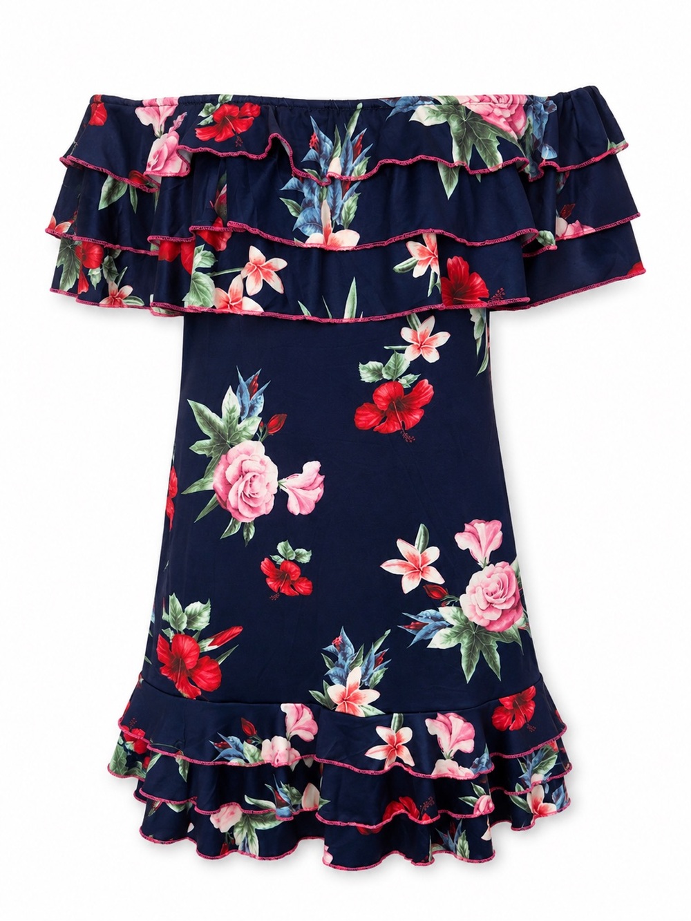 Off-Shoulder Floral Ruffle Mini Dress - Navy - Picture 3 of 4